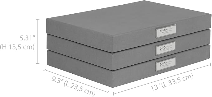 Bigso Sven Fiberboard Classic Hinged Document Box - File Organizer for Important Paperwork - Document Storage Box with Hinged Lid & Label Window - 1.8 in x 13.2 in x 9.3 in - 3 Pack - Grey