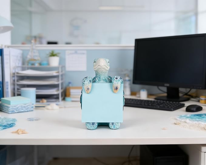 Sea Turtle Pop-Up Sticky Note Dispenser with 100 Sheets 3 x 3 Inch Notes, Handmade Resin Sea Turtle Desk Decor for Office, Home & Classroom, Gift for Teachers & Coworkers - Blue