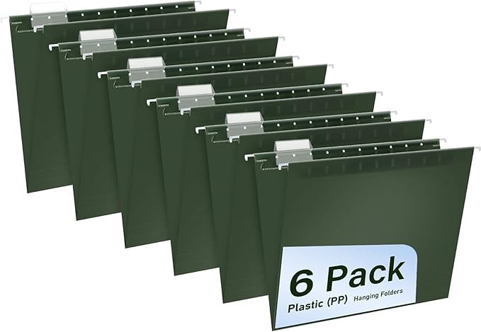 Plastic Hanging File Folders, 6 Pack Olive Hanging Folders，Letter Size with 1/5-Cut Tabs, Strong for Bulk Files, Documents and Paper, Office & Home Filing