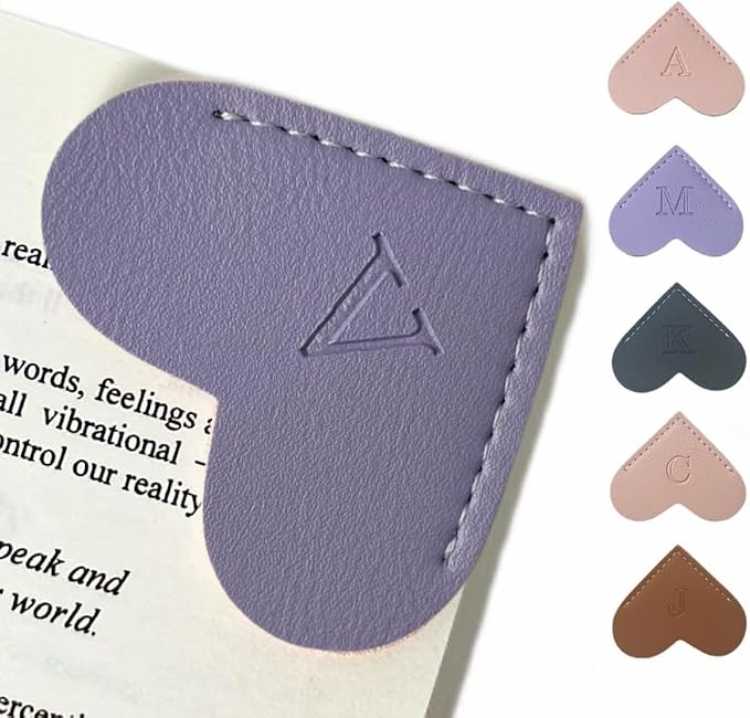 Personalized Leather Book Marks, Heart Bookmark, Unique Cute Handmade Letter Bookmarks Accessories for Reading Women, Teacher, Student, Book Lovers Book Mark Gifts (Purple, V)