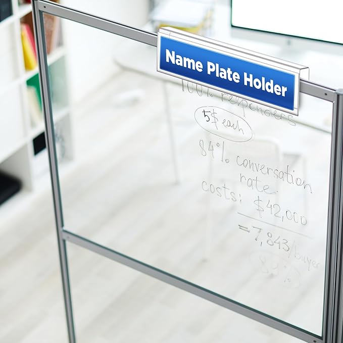 Wonderjune 10 Pack Plastic Cubicle Name Plate Holder 8.5" Wide x 2" High Glass Wall Name Plate Holder Clear Acrylic Sign Display Stand for Home Office Business (Suitable for 1" Cubicle Wall)