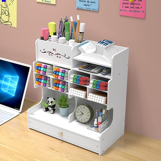 Hggzeg White Pen Holder with Compartments and Drawer, Marker Organizer, Art Supply Accessories, Multi-Functional Pencil Storage, for Home, Office and School