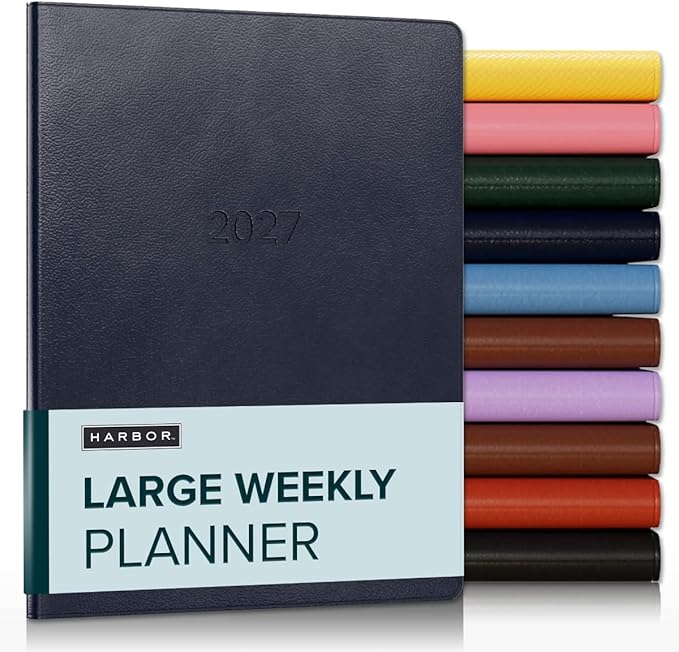 Harbor Large Weekly Monthly Planner 2027, Calendar Planner & Notebook - Durable Faux Leather, 192 Pages, Softcover & Book Bound - Leida Navy - 9.75x7.5"