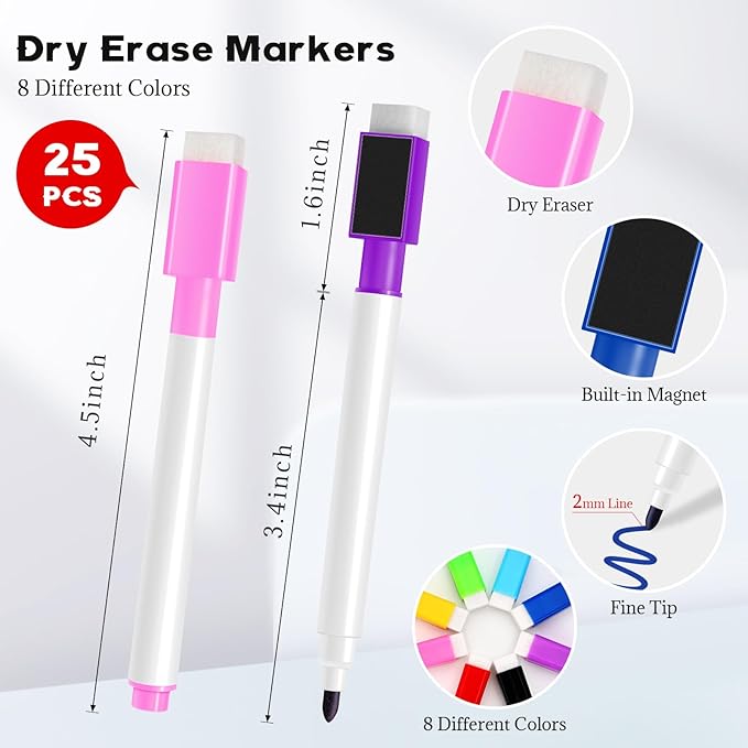 25 Pcs Colorful Magnetic Dry Erase Markers, 4.5 Inch Colorful Magnetic Whiteboard Pens with Eraser Cap, Fine Tip Whiteboard Markers Bulk for School, Office, Home Supplies