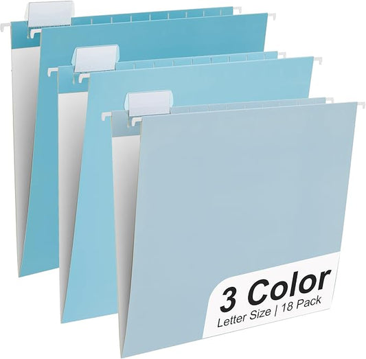 Y YOMA 18 Pack Gradient Hanging File Folders Letter Size Decorative Hanging Folder Pretty File Folder Organizer for Filing Cabinet Office Home with 1/5-Cut Adjustable Tabs, Lake Blue