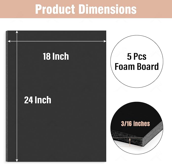 Golden State Art, Acid Free 5 Pack 18x24 Black Foam Boards Foam Core Poster Board, 3/16'' Thick Polystyrene Foam Sheet for Projects, Mounting, Crafts, Art and Presentations