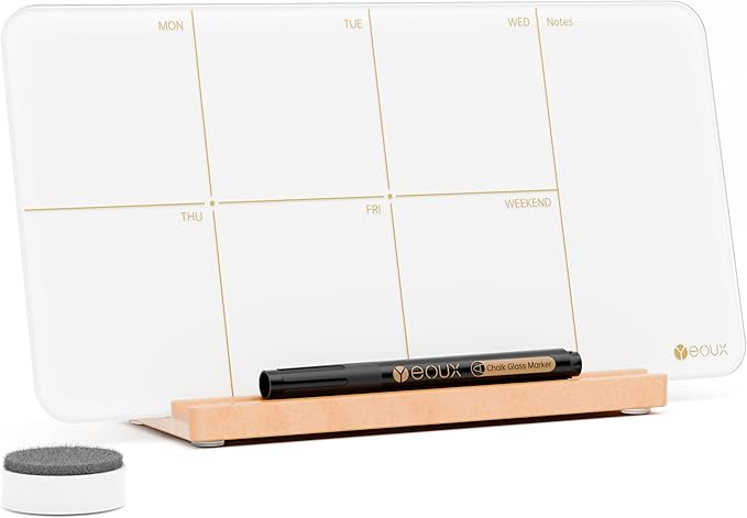Desktop Glass Weekly Planner Whiteboard with Detachable Wood Stand,Small Portable Dry Erase Calendar to Do List White Board 12x6 for Office, Home, Schools, Marker&Eraser Included, Yeoux