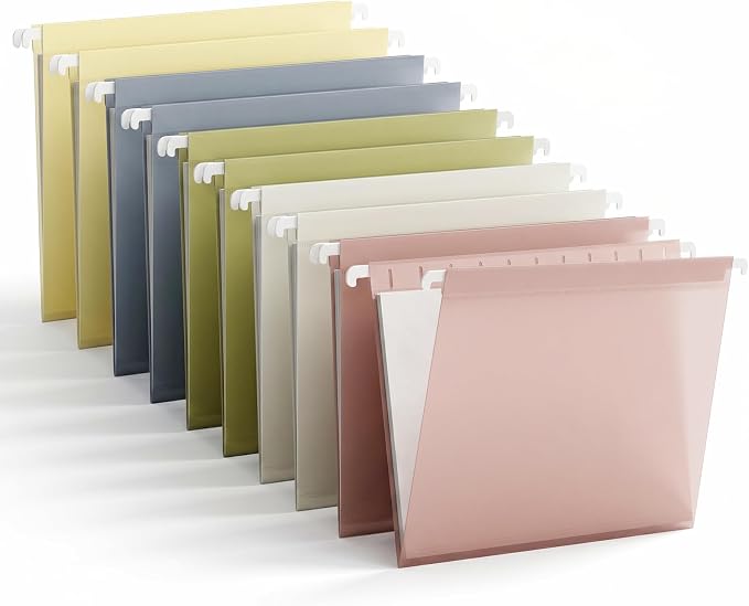 10 Pack Plastic Hanging File Folders, Letter Size (8.5"x11"), Assorted Colors with 1/5-Cut Tabs. Includes 10 Transparent Label Cards & 10 Sticker Labels – Perfect for Office & Filing Cabinets