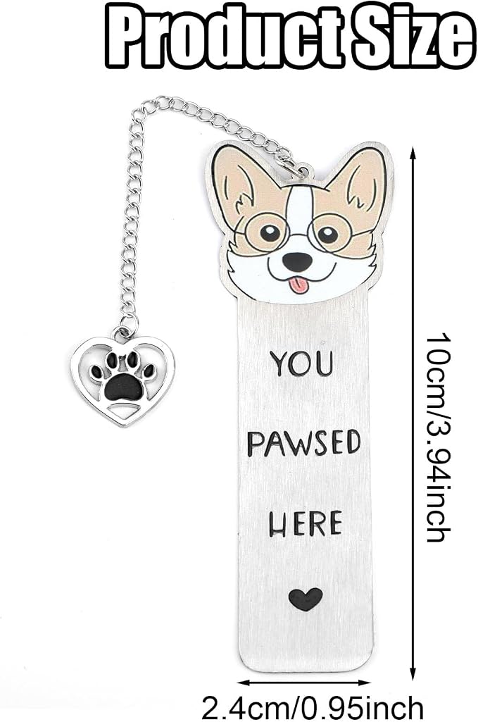 Gosknor Corgi Dog Bookmark, Cute Metal Corgi Bookmark for Women & Men, You Pawsed Here, Stainless Steel, Silver & Black, Style 1
