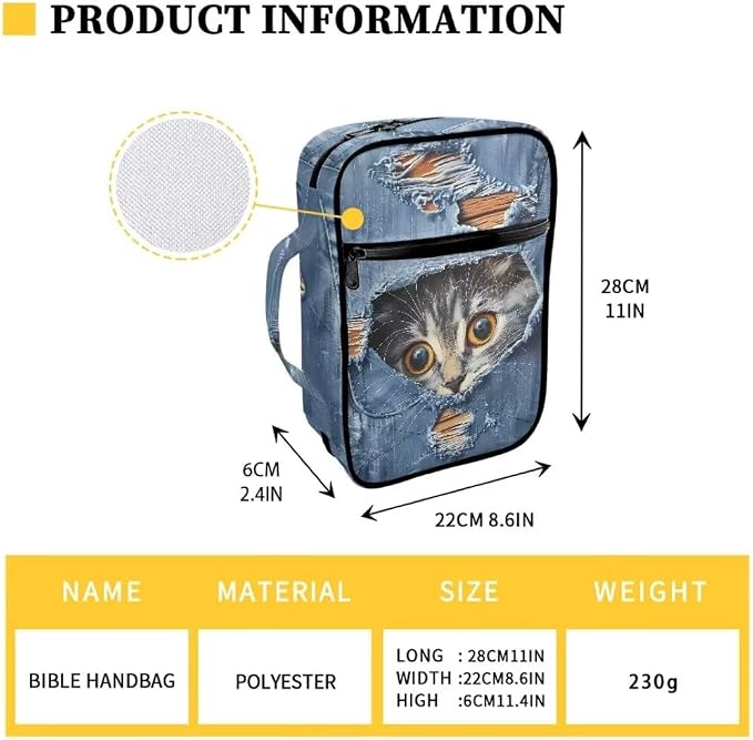 Coldinair Denim Cat Bible Cover Case for Women Men,Carrying Book Cover Bible Holders with Handle and Zippered Pocket,Fits for Standard/Large Size Bible