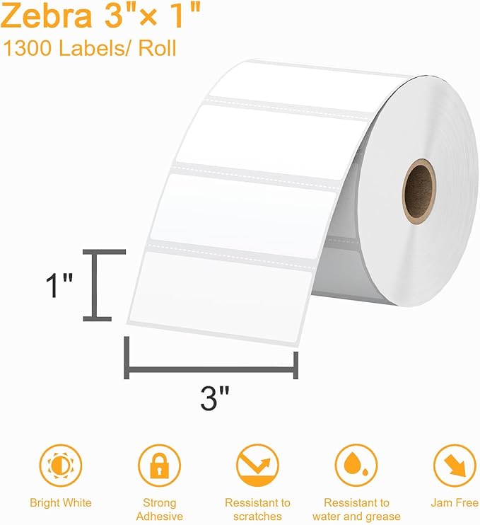 (15600 Labels/12 Rolls) Labelebal 3-Proof 1" Core 12 Rolls 3" x 1" Inch Direct Thermal Labels & Stickers,Address Shipping Labels Compatible with Rollo & Zebra Desktop Printers Adhesive
