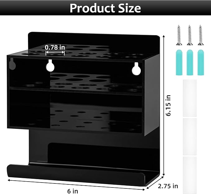 Dry Erase Marker Holder, 2 PCS Wall Mounted Acrylic Marker Holder with 10 Slots, Sticky Pen Storage for Classroom Organization, Office, Whiteboard, Desk Locker Accessories, Black