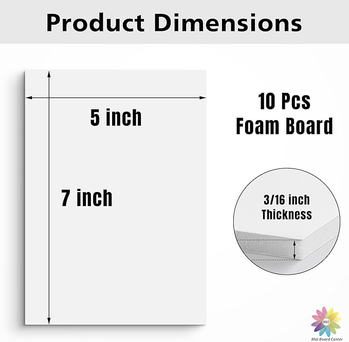 Mat Board Center Premium White Foam Core Board - 5x7 Inches, 3/16 Thick - 10 Pack, Acid-Free - Ideal for Mounting, Crafts, Art, and Presentations