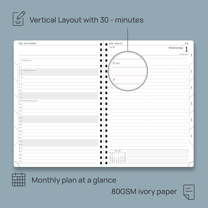 POPRUN 2026 Daily Planner One Page A Day - [A4 Large Size 8.25" x 12" -Spiral Hard Cover], Agenda 2026 Hourly Appointment Book with Monthly Calendar, Pen Holder, Ivory Paper -Pacific Green