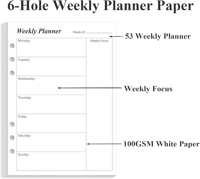 Weekly Planner Refills for A5 Binders - 53 Sheets/106 Pages Undated Weekly Planner, 6-Hole Punched, 100 gsm White Paper, Lasts 1 Year, Undated, 5.8" x 8.3", Black