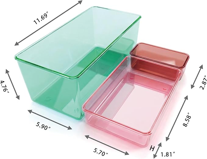 MOSSRIVER 3 Pack Clear Drawer Organizer Set, Plastic Desk Organizer Bin with Lid & Trays, Colorful Storage Box with Removable Trays for Cosmetics, Jewelry, Bedroom, Bathroom, Office, Combo 03