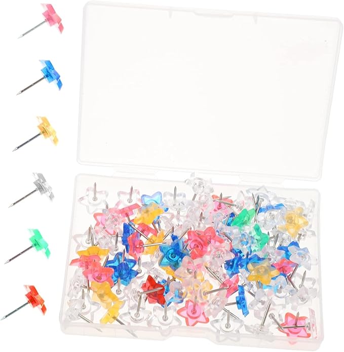 100 Pcs Colorful Star Shaped Push Pins,Steel Point Decorative Thumbtacks,Clear Plastic Thumb Tacks Transparent Pushpins Drawing Pins Thumbtacks with Box for Cork Board,Tape,Adhesives and Fasteners