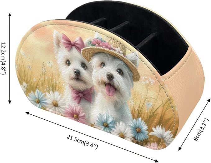 Cute Bow Dog Daisy Remote Control Holder with 5 Compartments, Office Desk Organizers Couch/TV Stand/Bedside Table Accessory Desktop Storage Caddy,for Remote,Glasses