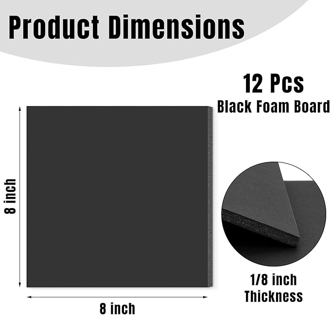 Golden State Art Foam Board 8x8-12 Pack - 1/8" Thick Black Poster Board Acid Free Foamboard for Paintings Prints, Art, Display, Crafts, Presentation and Projects