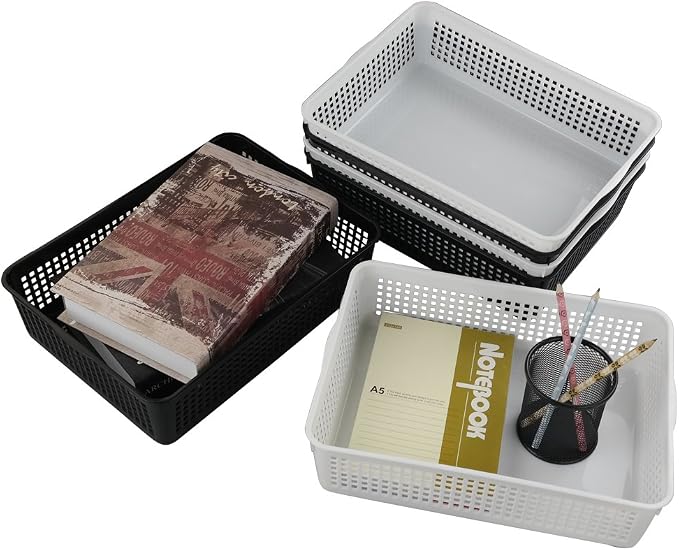 Teyyvn Rectangular Plastic A4 Paper Storage Baskets Trays, Set of 6 Letter Size Plastic Baskets