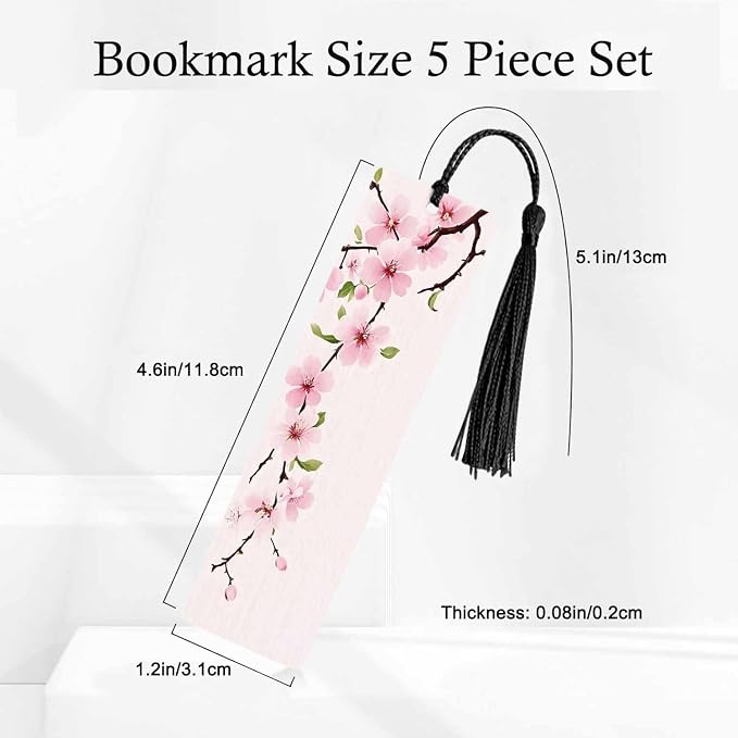 Cherry Blossom Bookmarks 5 Pcs with Tassels Pink Flowers Branch Romantic Spring Wooden Bookmarks for Reading Women Students Teacher Reader