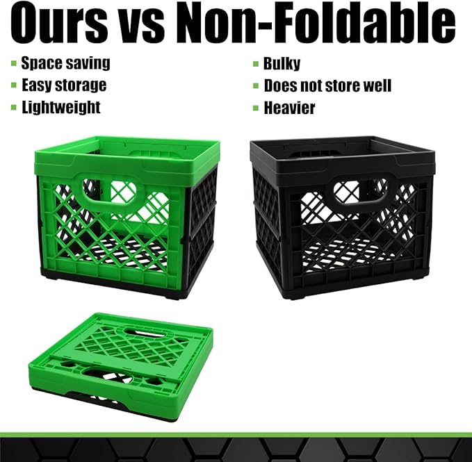 Grip Folding Stackable Storage Bin, Grn, 6 Gallon - Dimensions: 13" x 13" x 11" - Milk Crate - Capacity: 50 lbs - Heavy Duty Plastic - Collapsible Crate for Sporting Goods, Toys, Pool Toys, Files