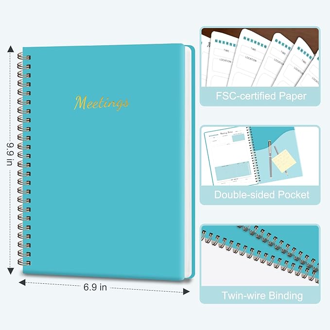 Meeting Notebook for Work Organization, Work Planner Notebook with Action Items, Project Agenda Planner for Note Taking, 160 Pages (6.9" X 9.9"), Perfect Office School Business Supplies for Women & Men(Blue)
