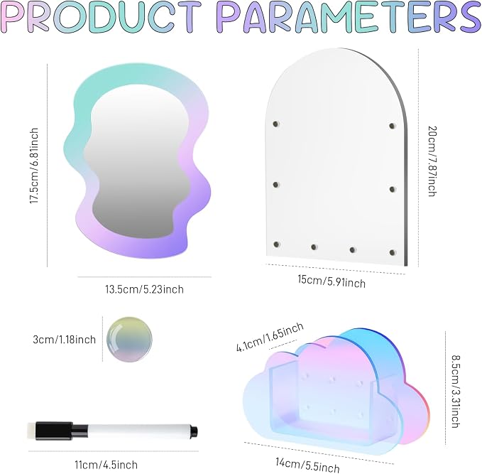 Locker Accessories Iridescent Set, (Acrylic Magnetic Whiteboard, Irregular Mirror, Pen Holder, Marker, Magnetic Clips) School Locker Decor, Work Locker Organizers