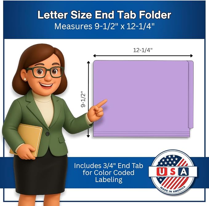 Lavender File Folders, Doctor Stuff, Letter Size Reinforced End Tab Folder with 2" Bonded Fastener on Inside Front and Back, 14 pt Stock, Carton of 250
