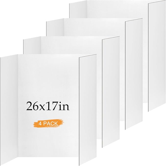 4 Pack Small Trifold Poster Board 26 x 17 Inch White Corrugated Project Boards for Science Fairs, School Projects, Event Displays and Business Presentations