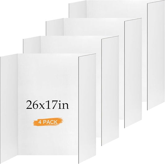 4 Pack Small Trifold Poster Board 26 x 17 Inch White Corrugated Project Boards for Science Fairs, School Projects, Event Displays and Business Presentations