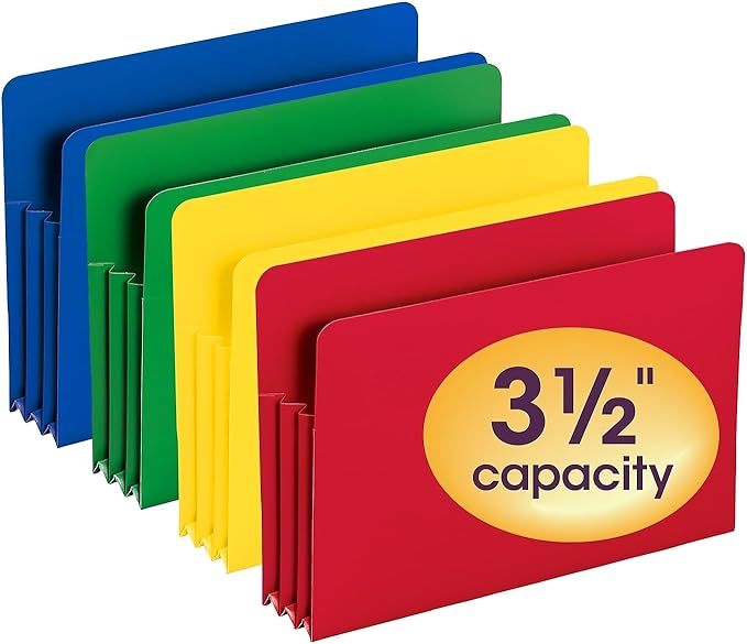 Smead Poly File Pocket, Straight-Cut Tab, 3-1/2" Expansion, Legal Size, Assorted Colors (73550)