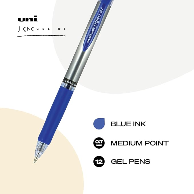 uniball Signo Gel Pen, Retractable, Medium 0.7 Mm, Blue Ink, Blue/metallic Accents Barrel, Dozen (Pack of 144)