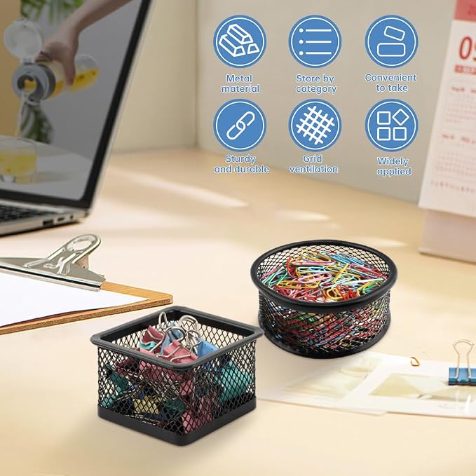 4pcs Paper Clip Holder,Paperclip Holders for Desk, Paper Clip Dispenser, Wire Mesh Paperclip Dish Holders,Papers Clips Organizer Office(black)