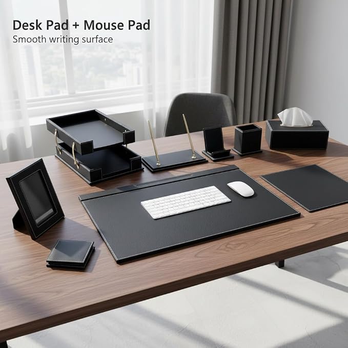 Leather Desk Set, 11-Piece All-in-One – Executive Desk Accessories & Office Supplies, Desk Organizer with Desk Pad & Blotter, 2-Tier Letter Tray, Luxury Office Desk Decor & Boss Gifts (Black)