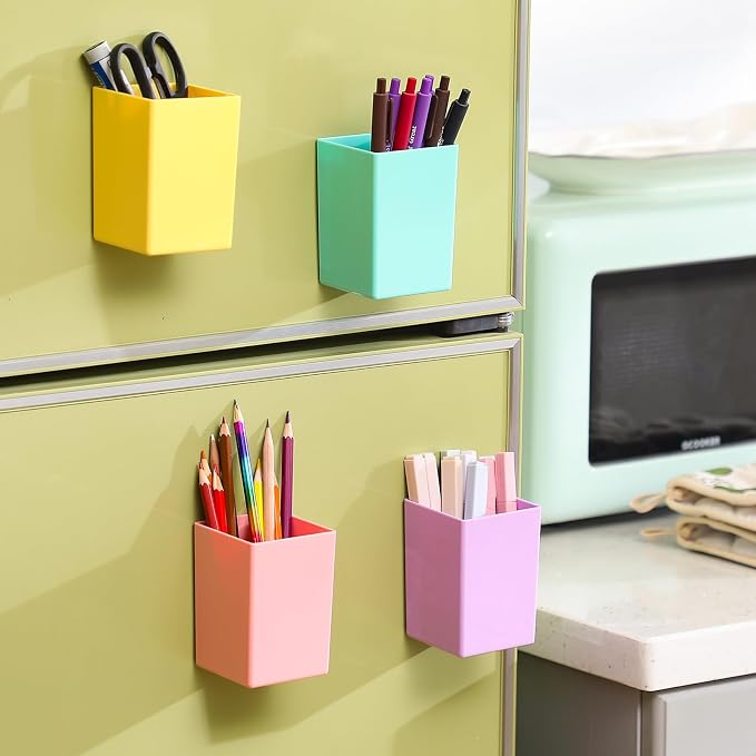 Affrolling 4 Pcs Classroom Magnetic Storage Boxes with Write Wipe Label Magnetic Storage Containers Plastics Pen Holder for Classroom Whiteboard Dry Erase Board Refrigerator Locker Organizer(Colorful)