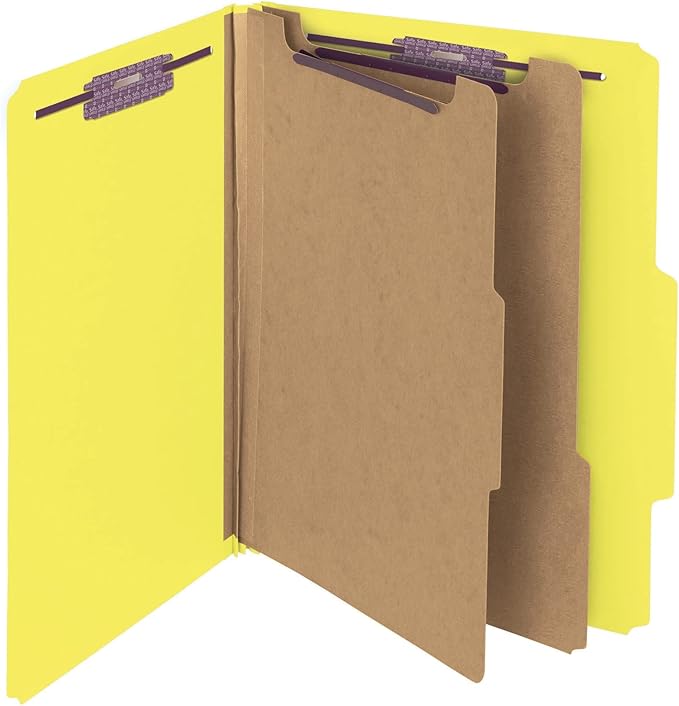 Smead PressGuard Classification File Folder with SafeSHIELD Fasteners, 2 Dividers, 2" Expansion, Letter Size, Yellow, 10 per Box (14203)