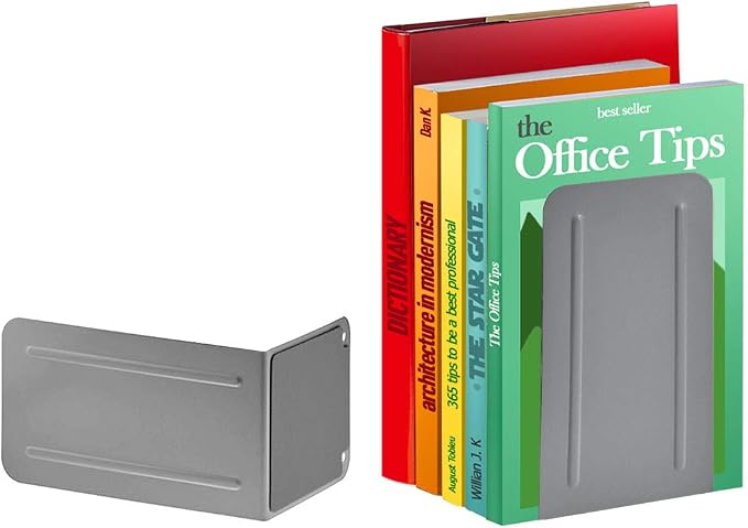 Acrimet Bookends for Shelves, Non-Skid Book Holder, Heavy Duty Book Stopper, Steel Metal Book Ends Storage for Home, Library, 6 7/8" H x 4" W x 4 1/2" D (Silver) (1 Pair / 2 Pieces)