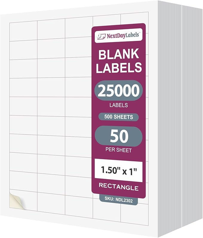NextDayLabels 1.5x1 Inch Rectangle Stickers White Blank Labels for Laser Inkjet Printer - 50 Per Sheet Self-Adhesive Name Tags Address Barcode, Made in USA - 25,000 Labels