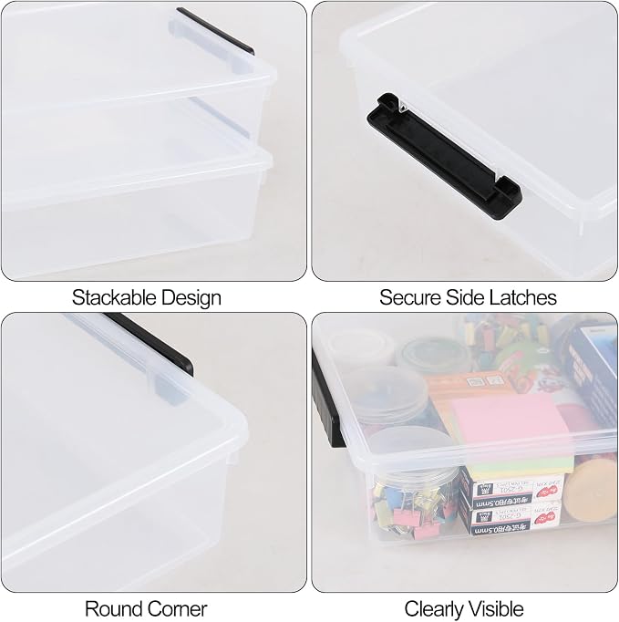 Saedy 3-Pack 5 Quart Plastic File Storage Bins With Lids, Clear Flat Stackable Storage Box