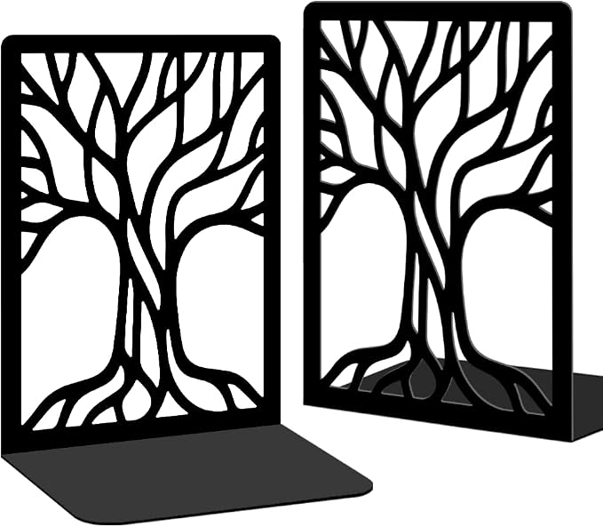 2 Pcs Black Bookends, Sturdy Metal Bookends for Shelves Decorative Book Organizer with Unique Tree Design for Home Library Office Desk
