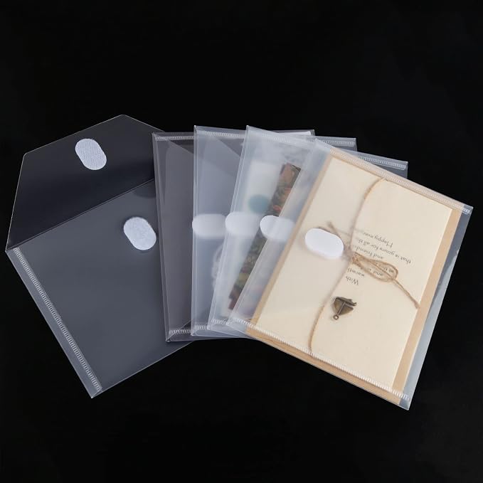 PLESIU Tatane 12 Packs Clear Plastic Small Envelope with Hook & Loop Closure 5 x 7 Ploy Envelope for Receipe/Check