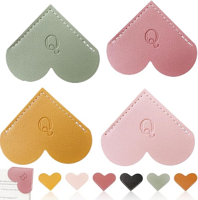 Personalized Leather Heart Bookmark, 26 Letters Customized Corner Book Mark for Reading Women, Book Marker with Initials，Cute Gifts (Light Pink+Deep Pink+Green+Light Brown, Q)
