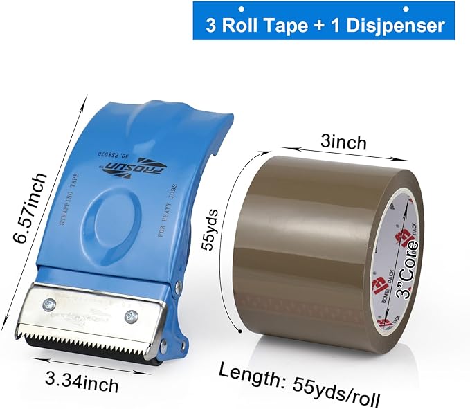 3 Inch Wide Packing Tape with Dispenser,2.4 Mil x 55 Yards Heavy Duty Packaging Tape Refill for Shipping,Industrial Grade,Urtal Strong Boxing Tape for Moving,Mailing and Storages (Brown)