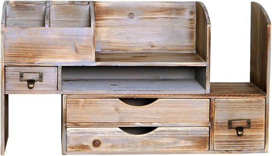 Large Adjustable Wooden Office Desk Organizer For Desktop, Tabletop, or Counter – Wood Storage Shelf Rack – For Office Supplies, Desk Accessories, or Mail - Barnwood (Vintage, Large)