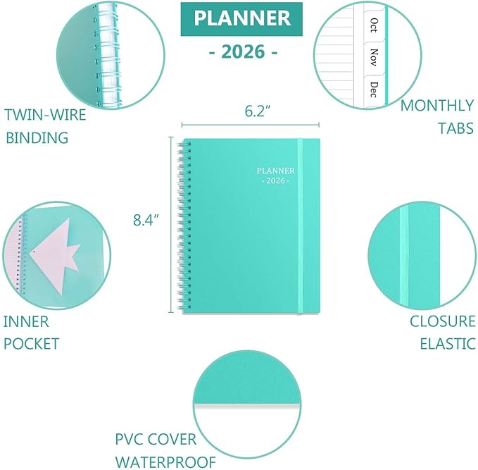 Tiankool Planner 2026, Jan 2026 - Dec 2026 Weekly Monthly Planner with 12 Monthly Tabs and Elastic Closure, Inner Pocket, Round Corner,5.8" x 8.25"- Turquoise