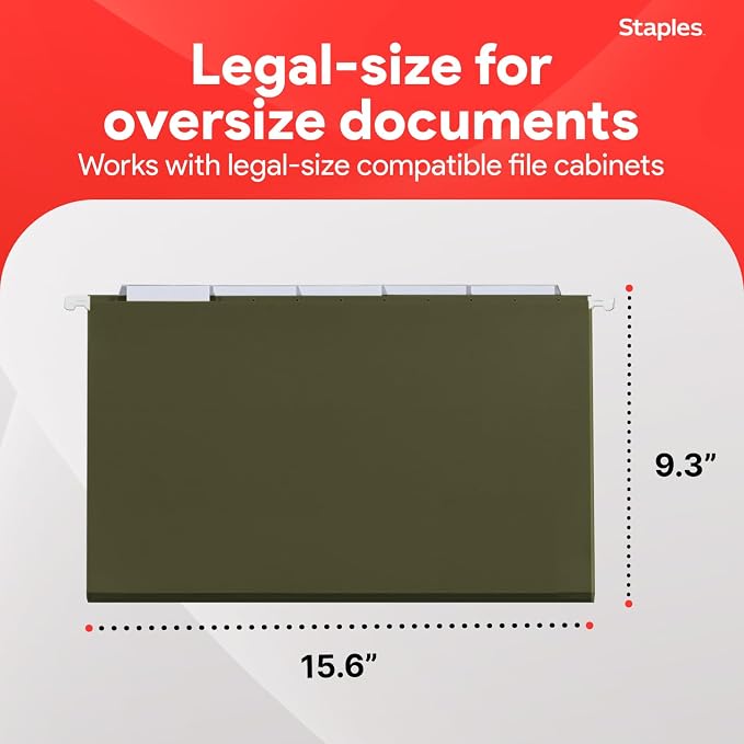 Staples Hanging File Folders, Legal Size, Straight‑Cut Tabs, Standard Green, Durable Filing Solution – 25/Box