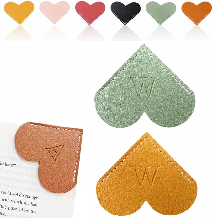 Personalized Leather Heart Bookmark, 26 Letters Customized Corner Book Mark for Reading Women, Book Marker with Initials，Cute Gifts (Green+Light Brown, W)