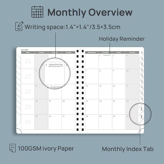 POPRUN 2027 Planner Daily Weekly and Monthly Calendar with Hourly Schedule(Medium Size 8.5'' x 6.25'' Wire-Bound Hard Cover) - Agenda 2026 (Jan.2027-Dec.2027), Monthly Tabs - Black