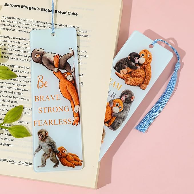 2Pcs Adorable Punch Monkey Bookmarks, Inspirational Acrylic Animal Book Marks with Tassels, Novelty Gifts for Readers (2PCS-Punch Monkey)